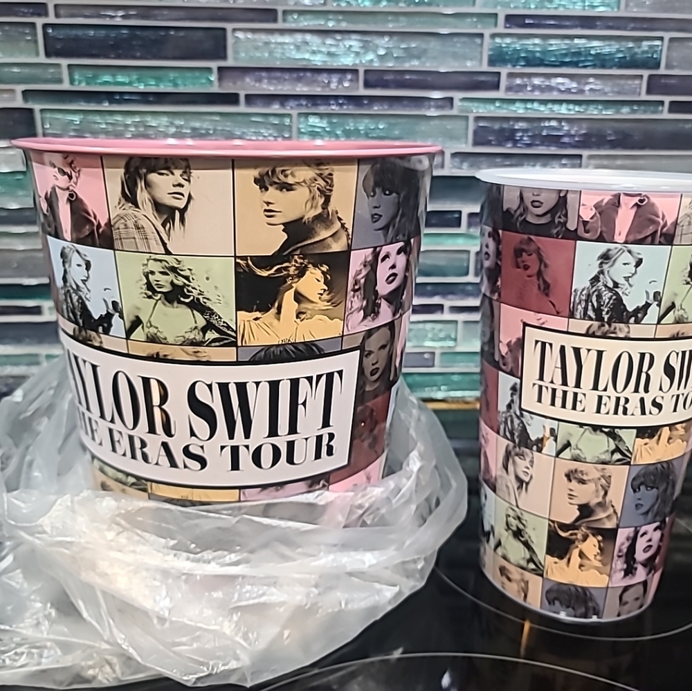 Taylor Swift Pink Tin Popcorn Bucket and drink